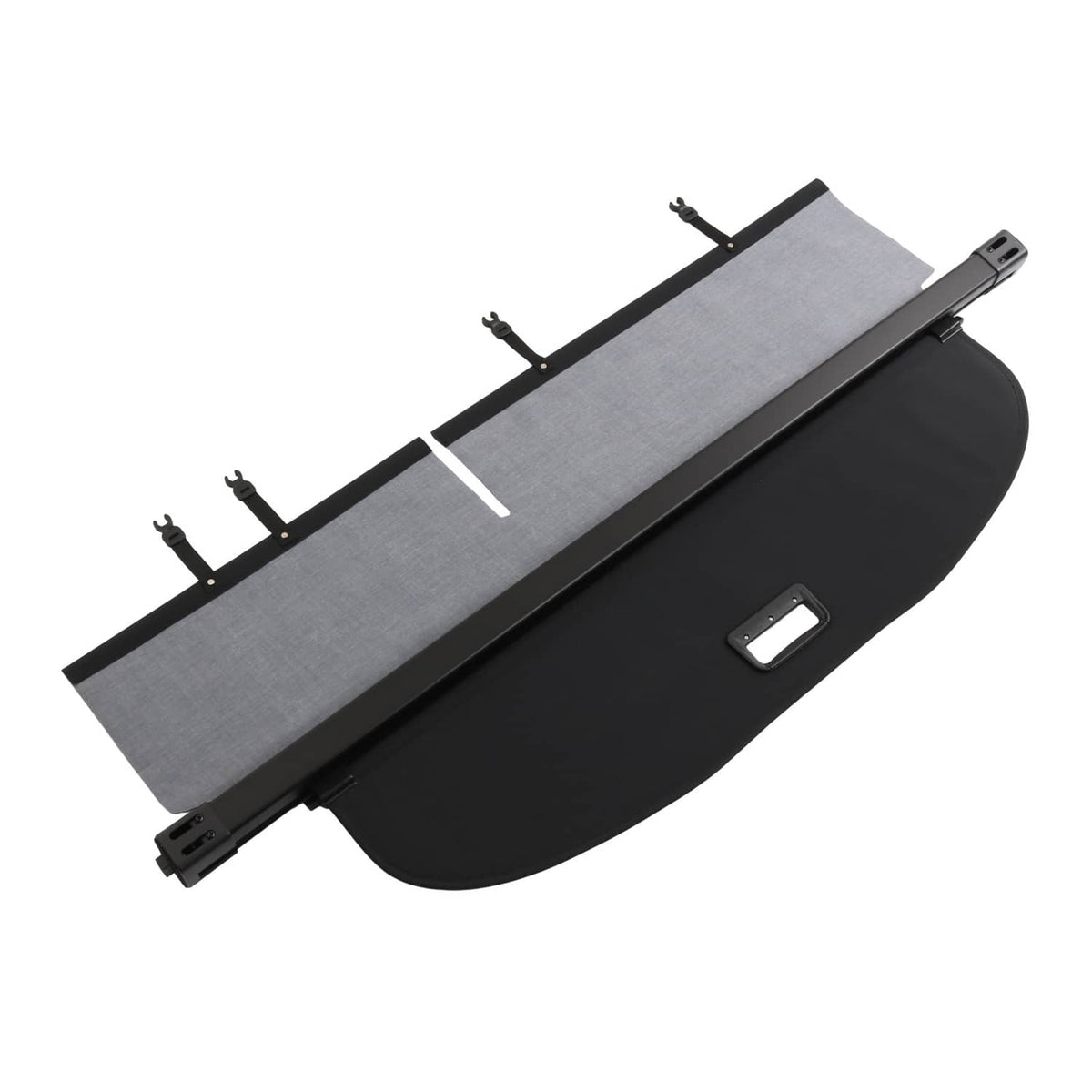 Rear trunk security shade cargo cover top view with gray fabric and black end section
