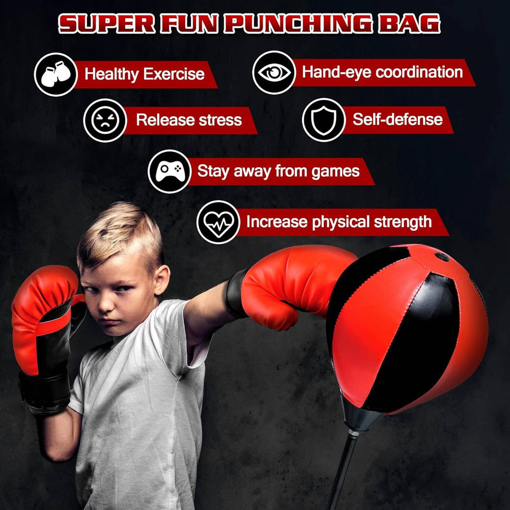 Kids punching bag set with child striking red-and-black ball and wearing red boxing gloves