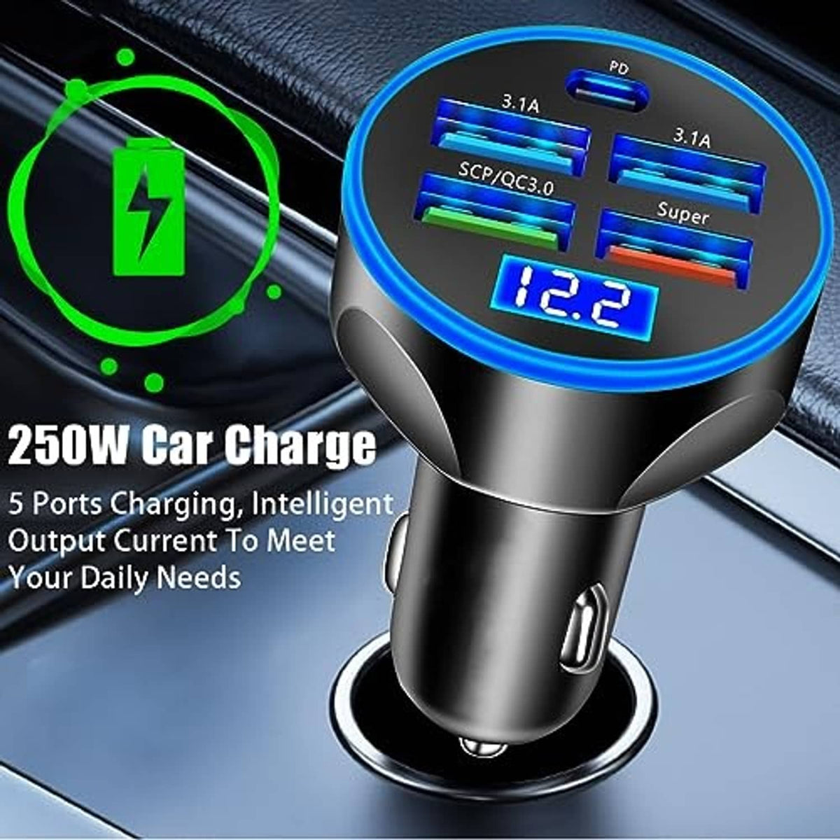 Black car charger with blue LED voltmeter reading 12.2 and multiple USB ports