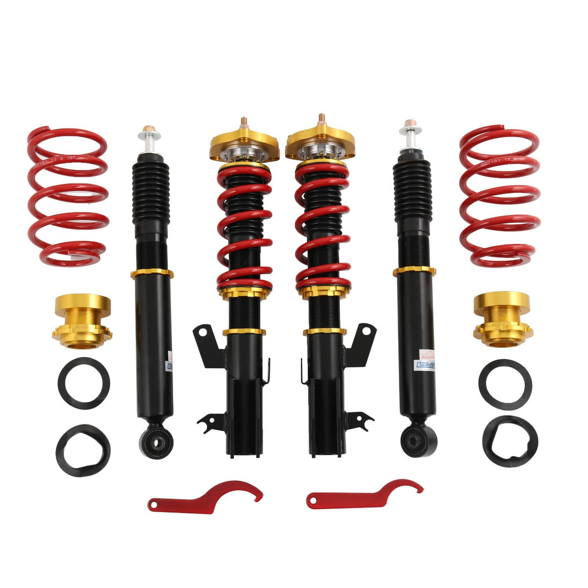 Pair of coilover struts with red springs, black bodies, gold top mounts, and hardware