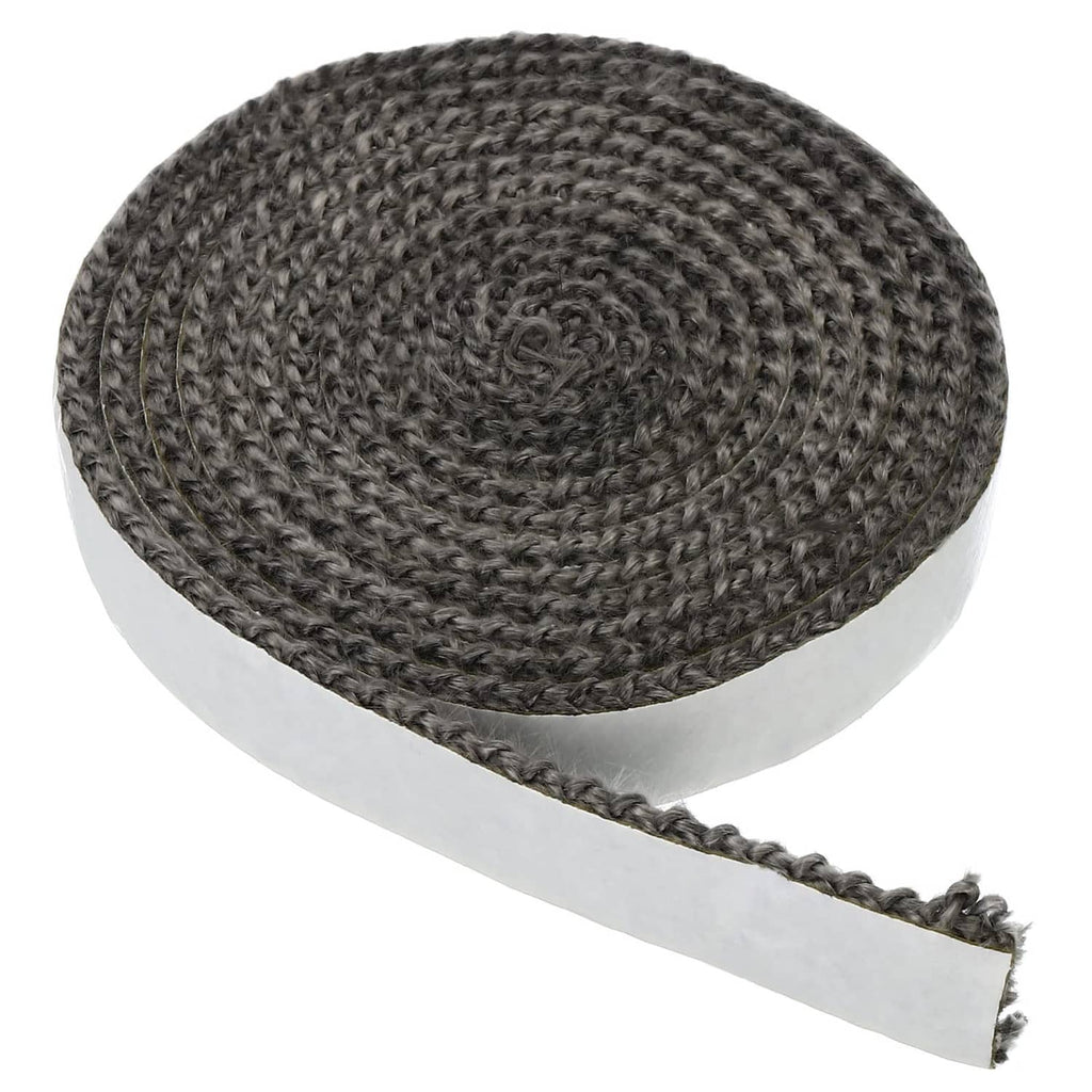 Graphite fiberglass stove gasket roll with trailing strip, dark gray braided texture