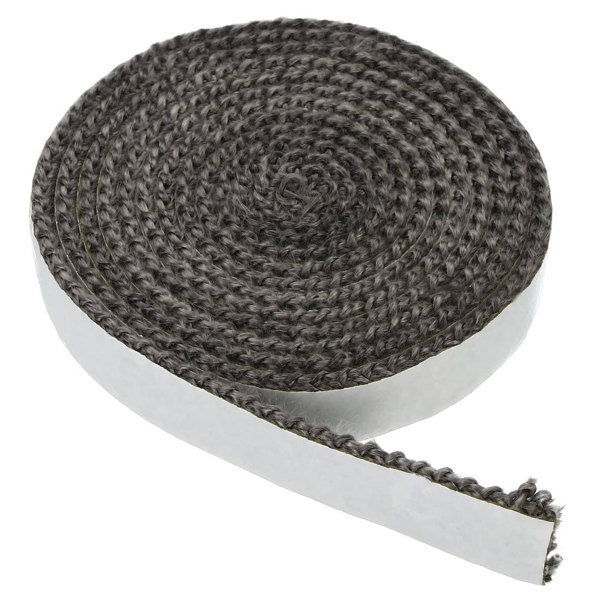 Graphite fiberglass stove gasket roll with trailing strip, dark gray braided texture