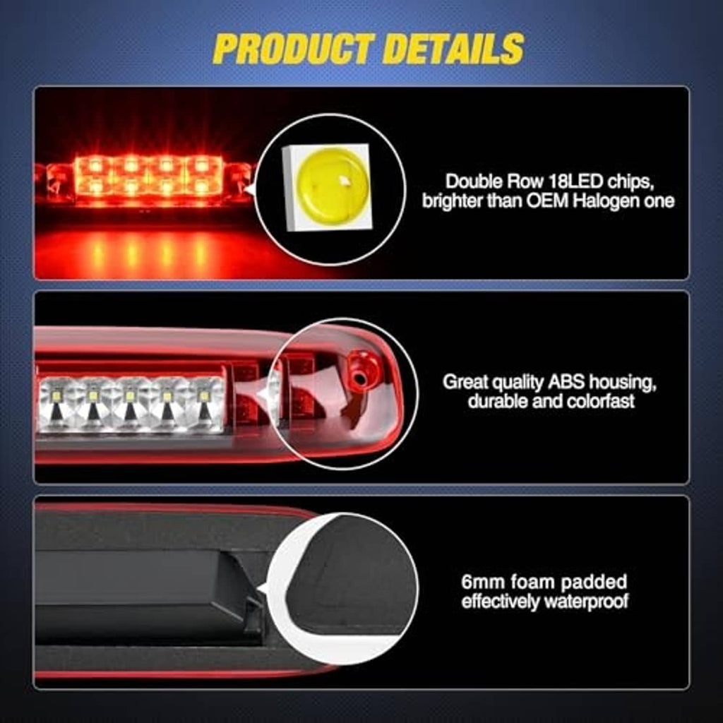 Red-lens third brake light with LED chips, ABS housing, and foam seal