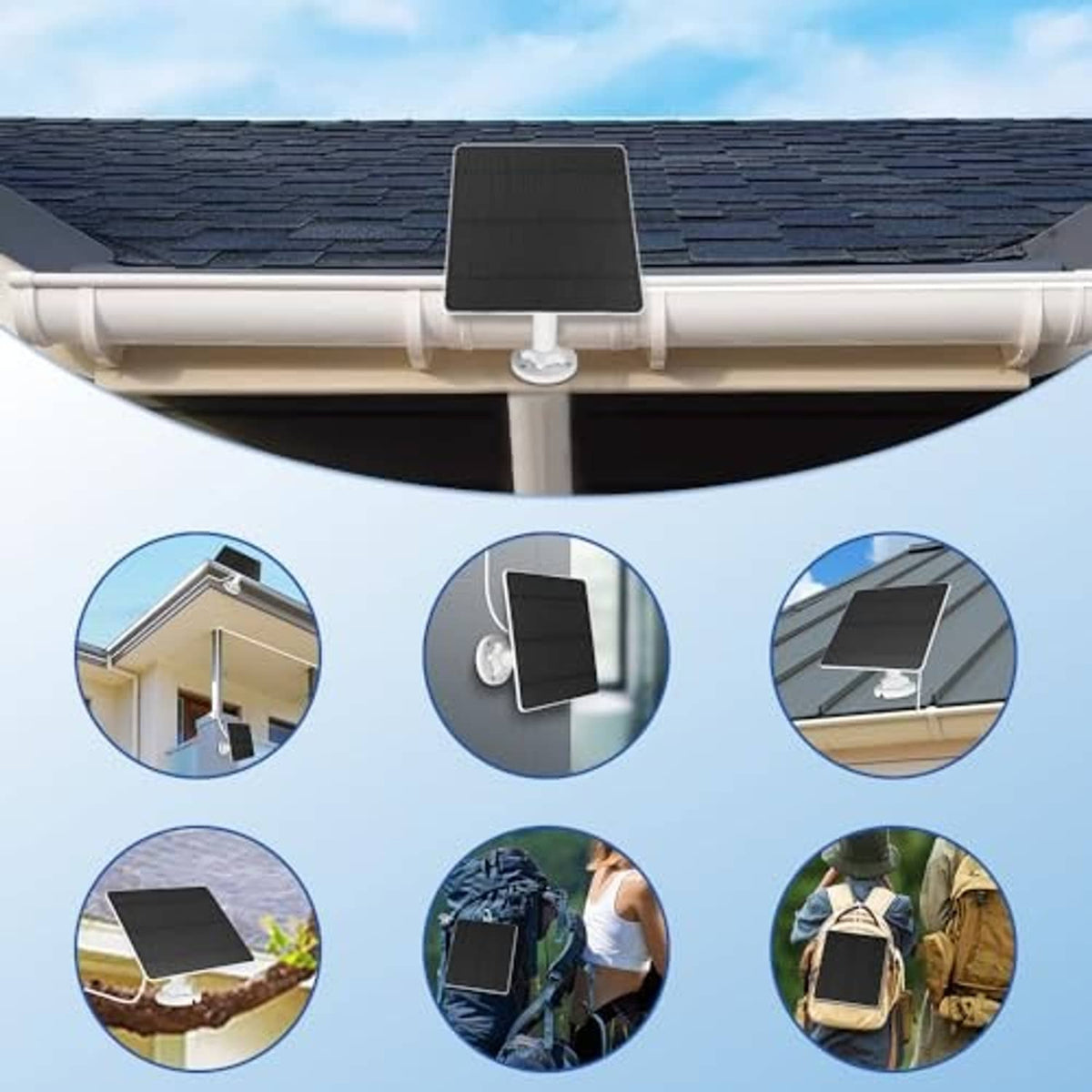 Solar panel charger mounted under a roof gutter with black panel and white spotlight mount