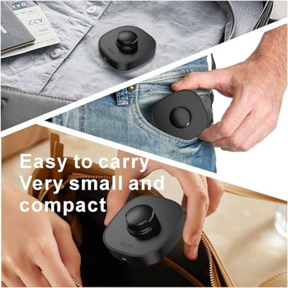 Compact black charging dock with round top contact, portable for travel