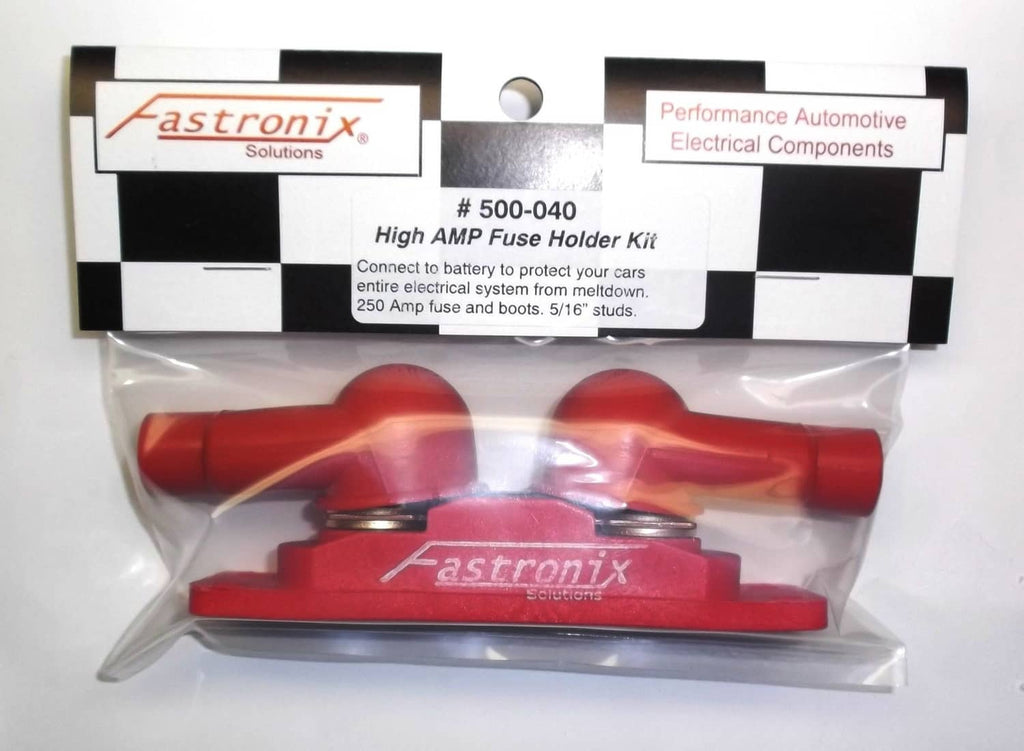 Fastronix mega fuse holder kit in clear retail blister packaging with red caps.