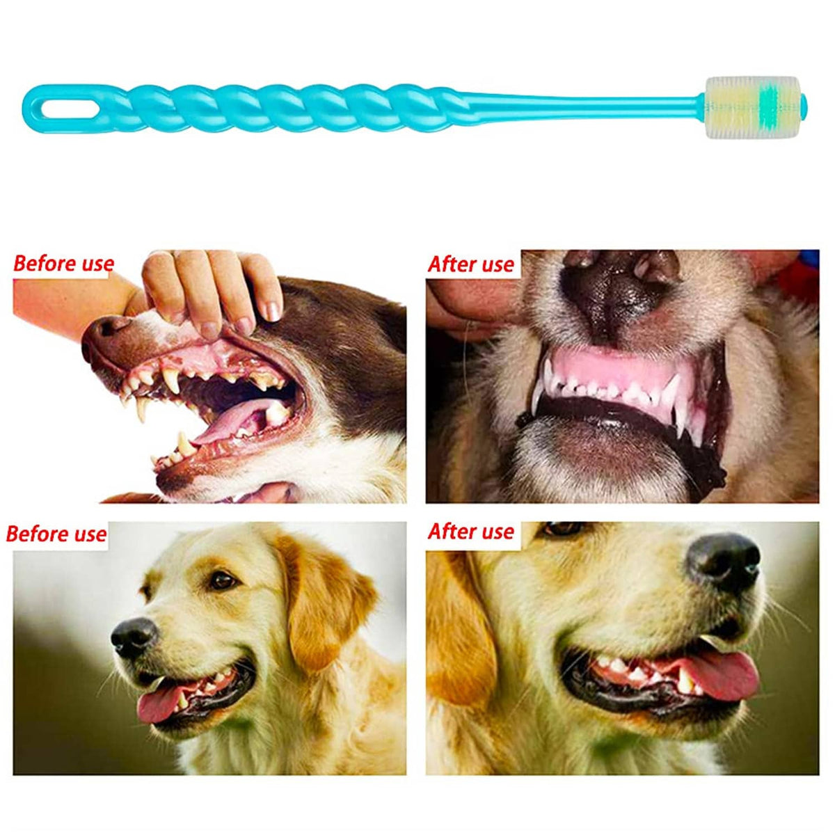 Blue silicone toothbrush with bristles; before and after pet teeth cleaning