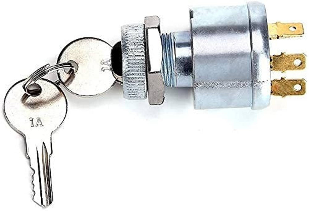 Ignition switch cylinder with key set and threaded ring, showing terminal contacts
