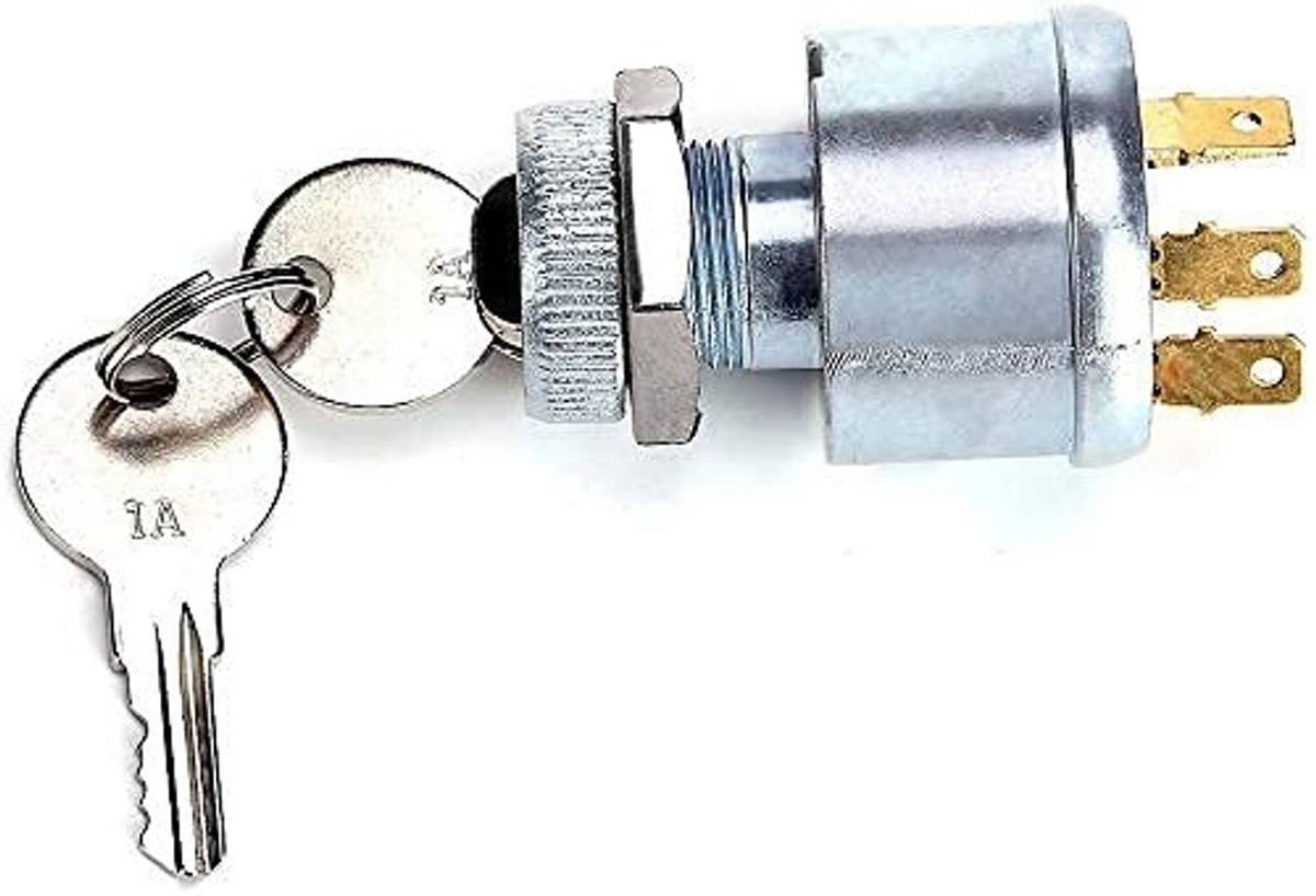 Ignition switch cylinder with key set and threaded ring, showing terminal contacts