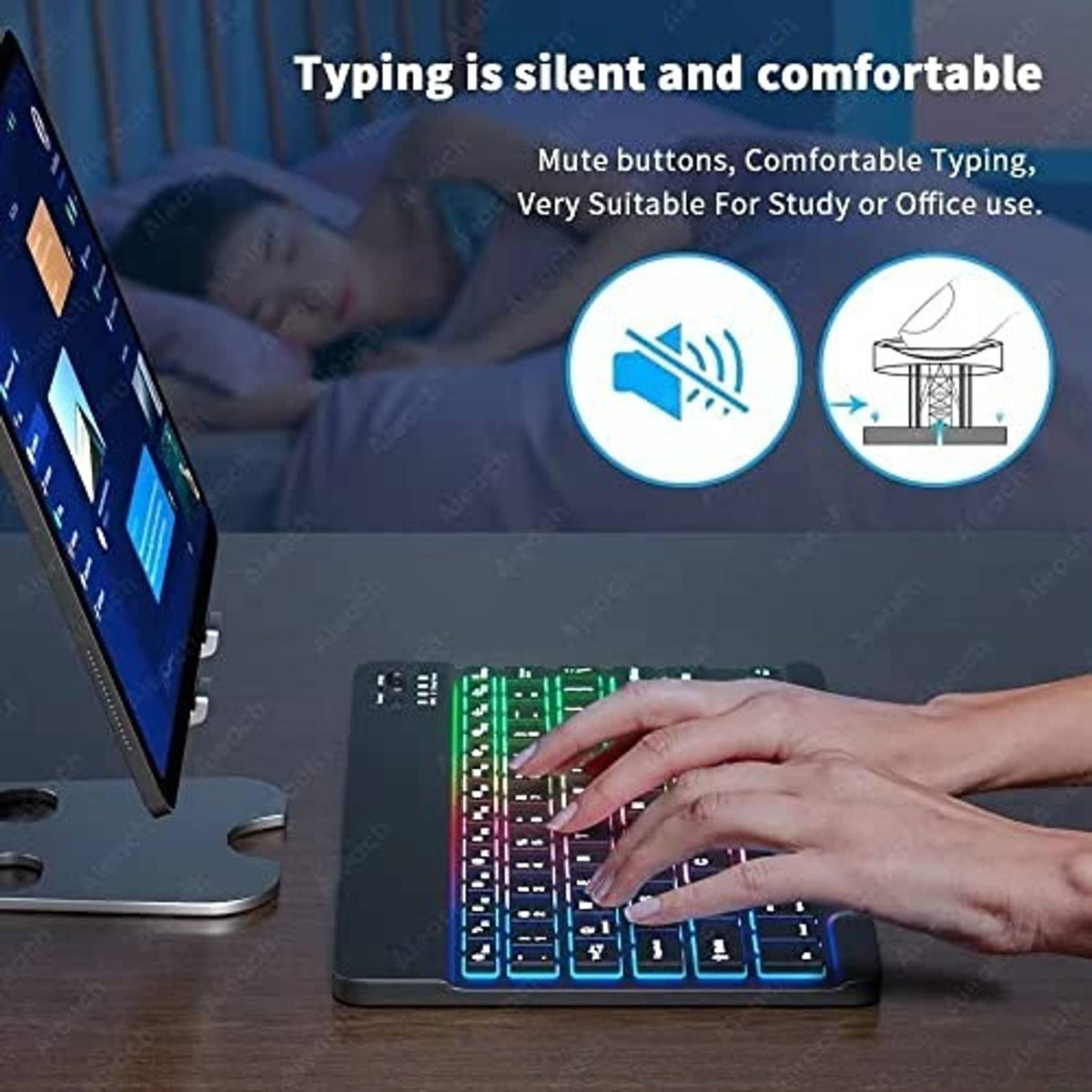 RGB Bluetooth keyboard with rainbow backlight and wireless mouse on a desk