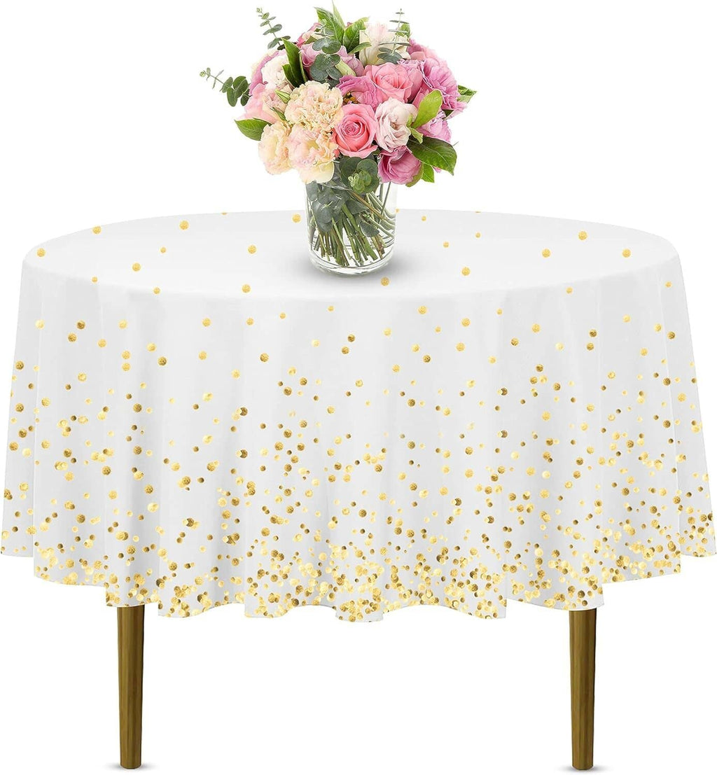 Round white plastic tablecloth with gold dot pattern and gathered ruffled edge