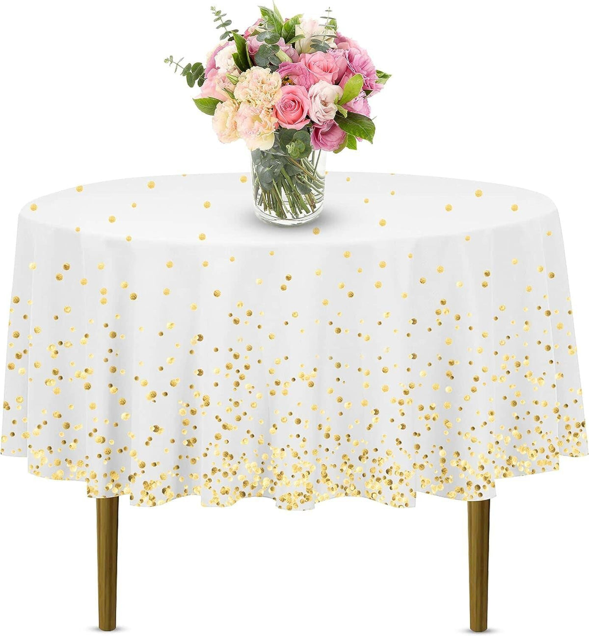 Round white plastic tablecloth with gold dot pattern and gathered ruffled edge