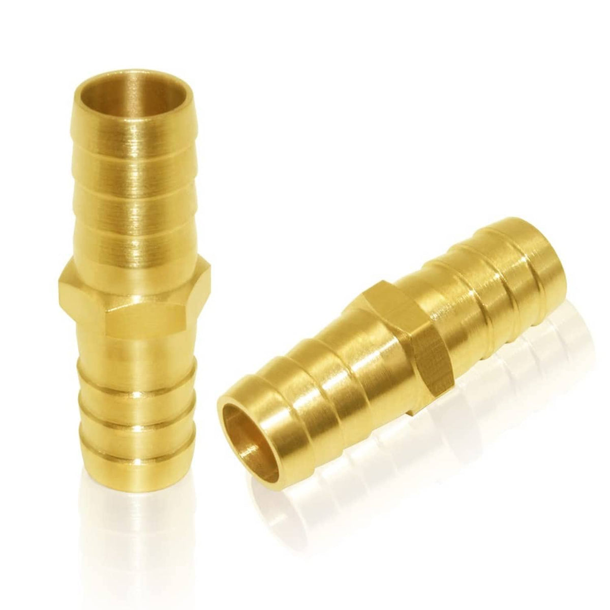 Two brass 5/8 in hose repair connectors with barbs and open ports