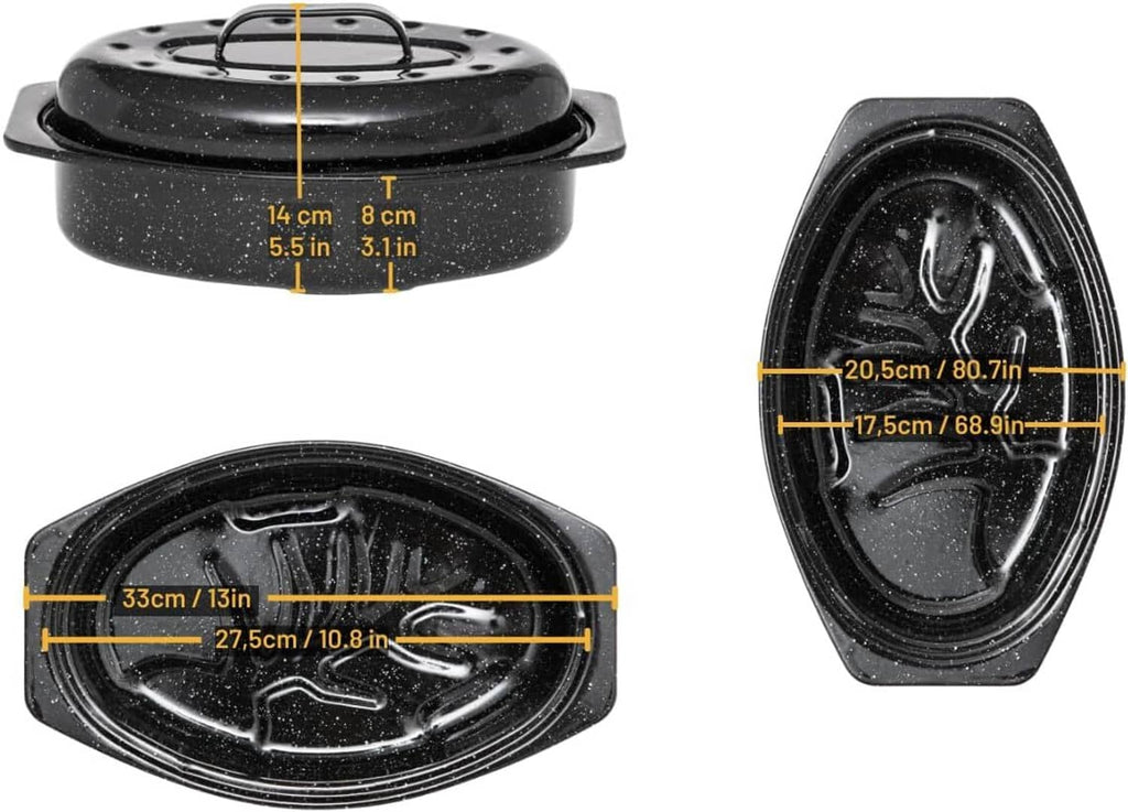 Black speckled oval grill roasting pan with matching lid and base measurements shown
