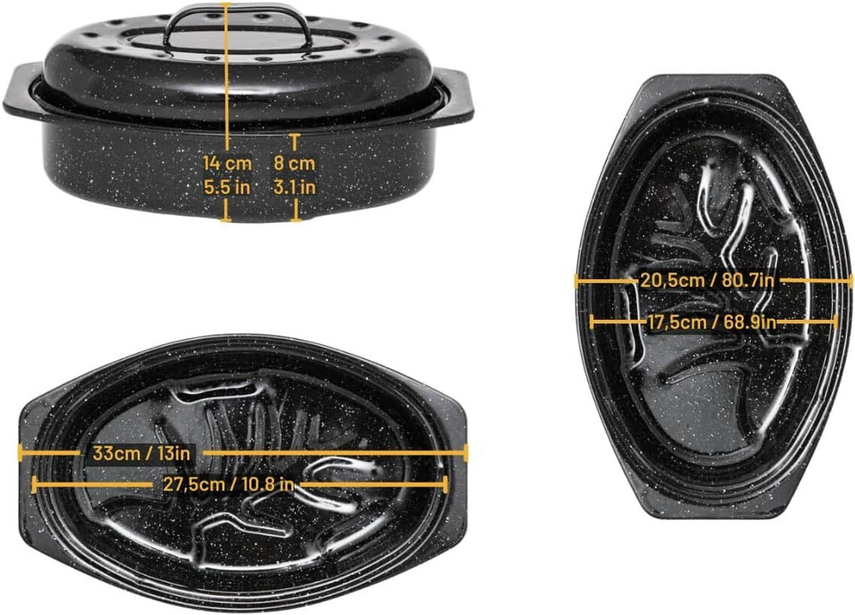 Black speckled oval grill roasting pan with matching lid and base measurements shown