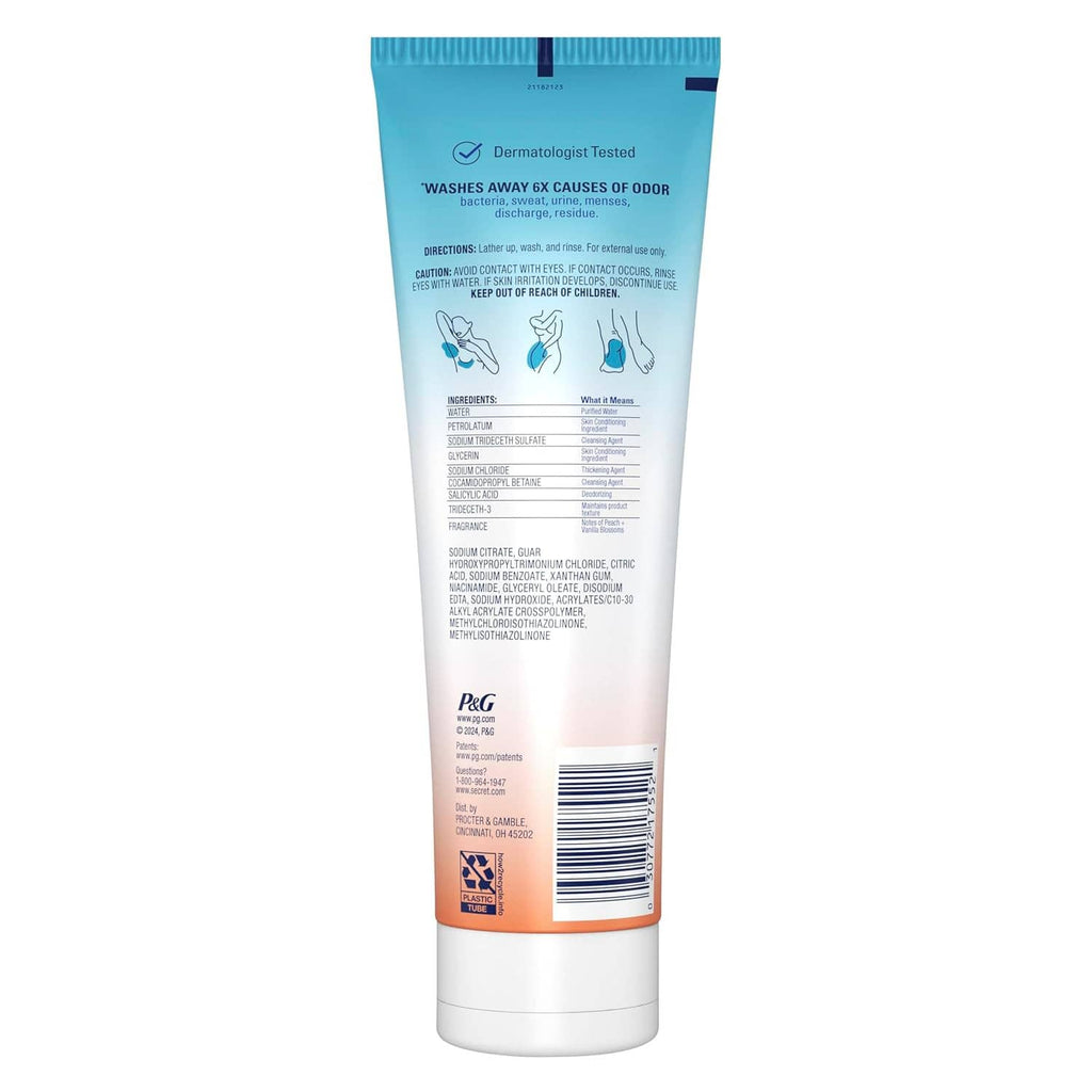 White and blue feminine wash squeeze tube with back label and barcode