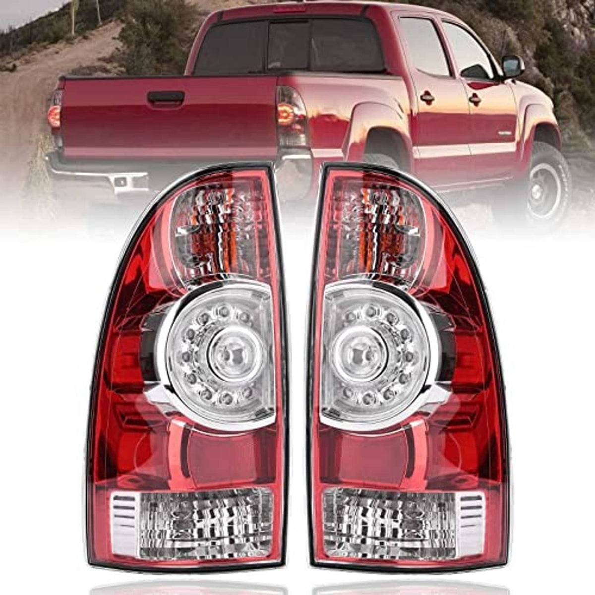 Red rear tail light lamp assembly with clear lens and chrome housing, front view