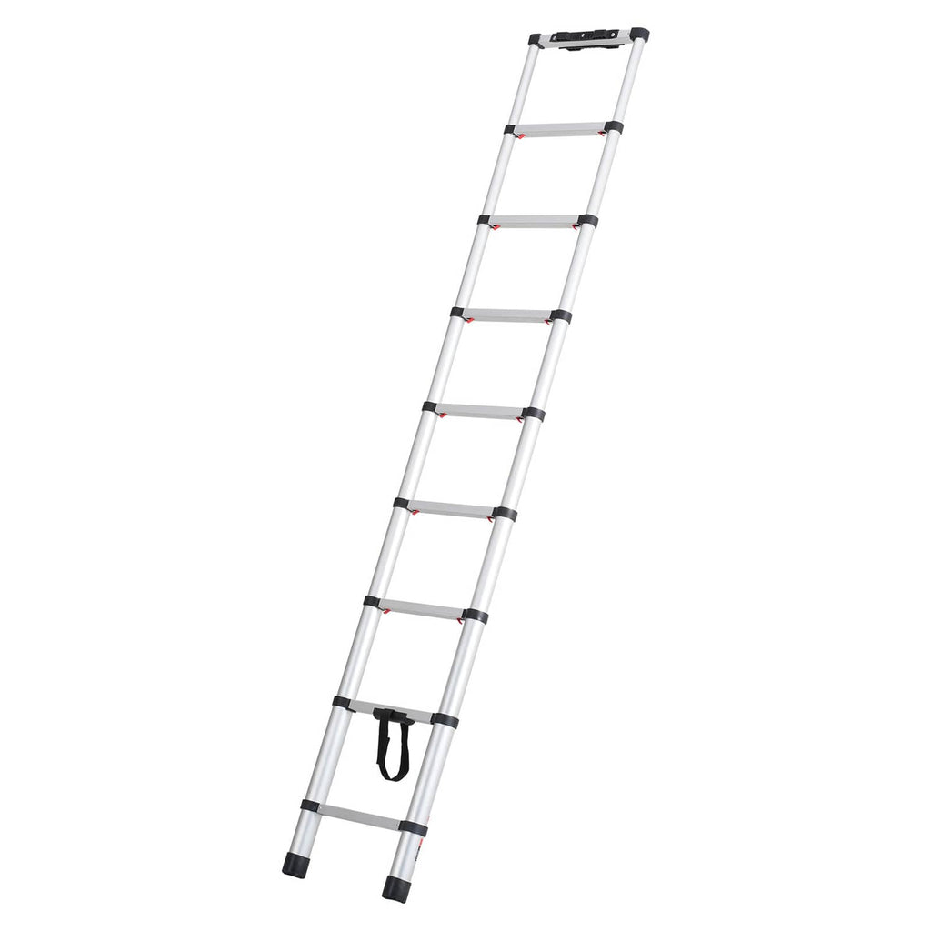 Fully extended telescoping extension ladder with silver rails and black rung pads