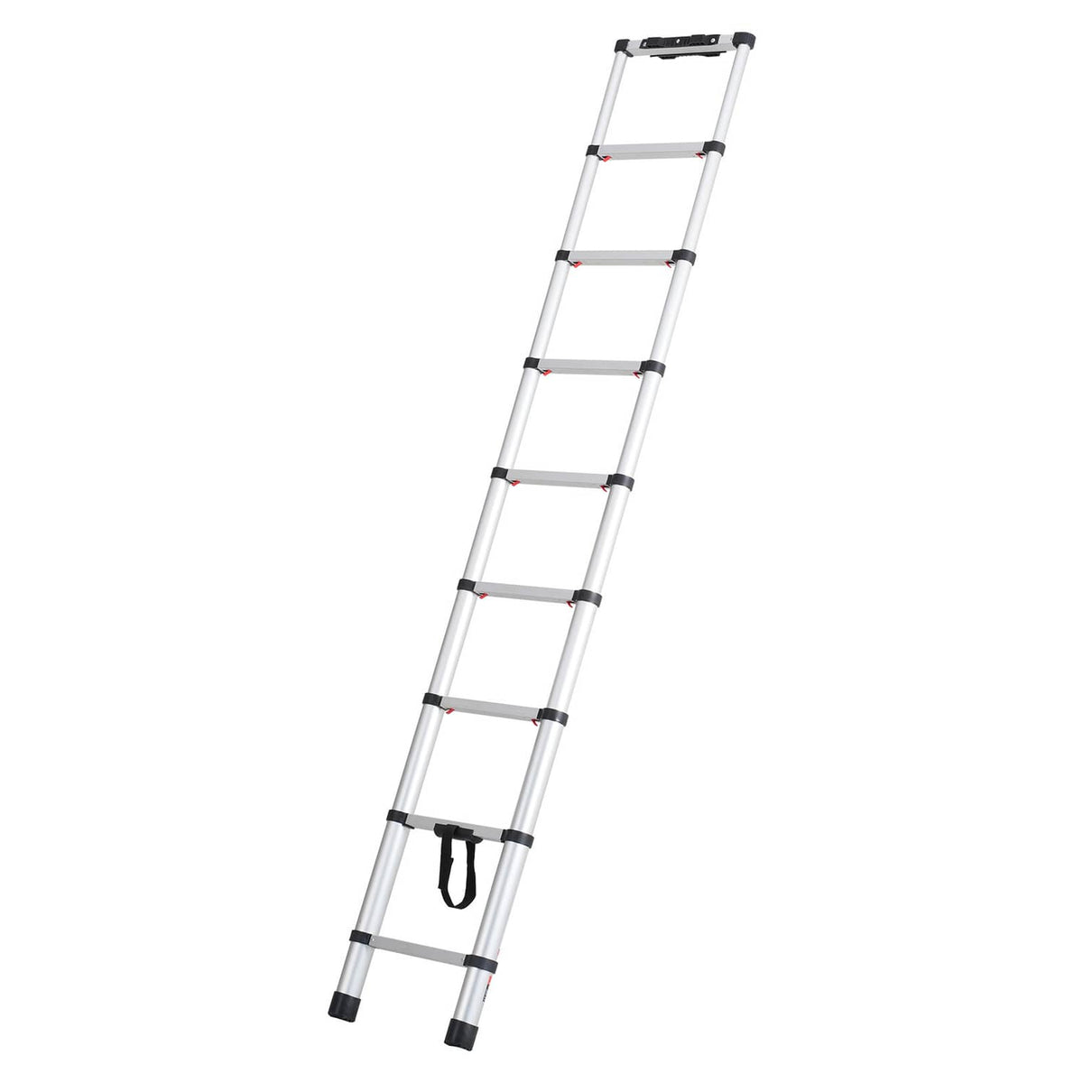 Fully extended telescoping extension ladder with silver rails and black rung pads