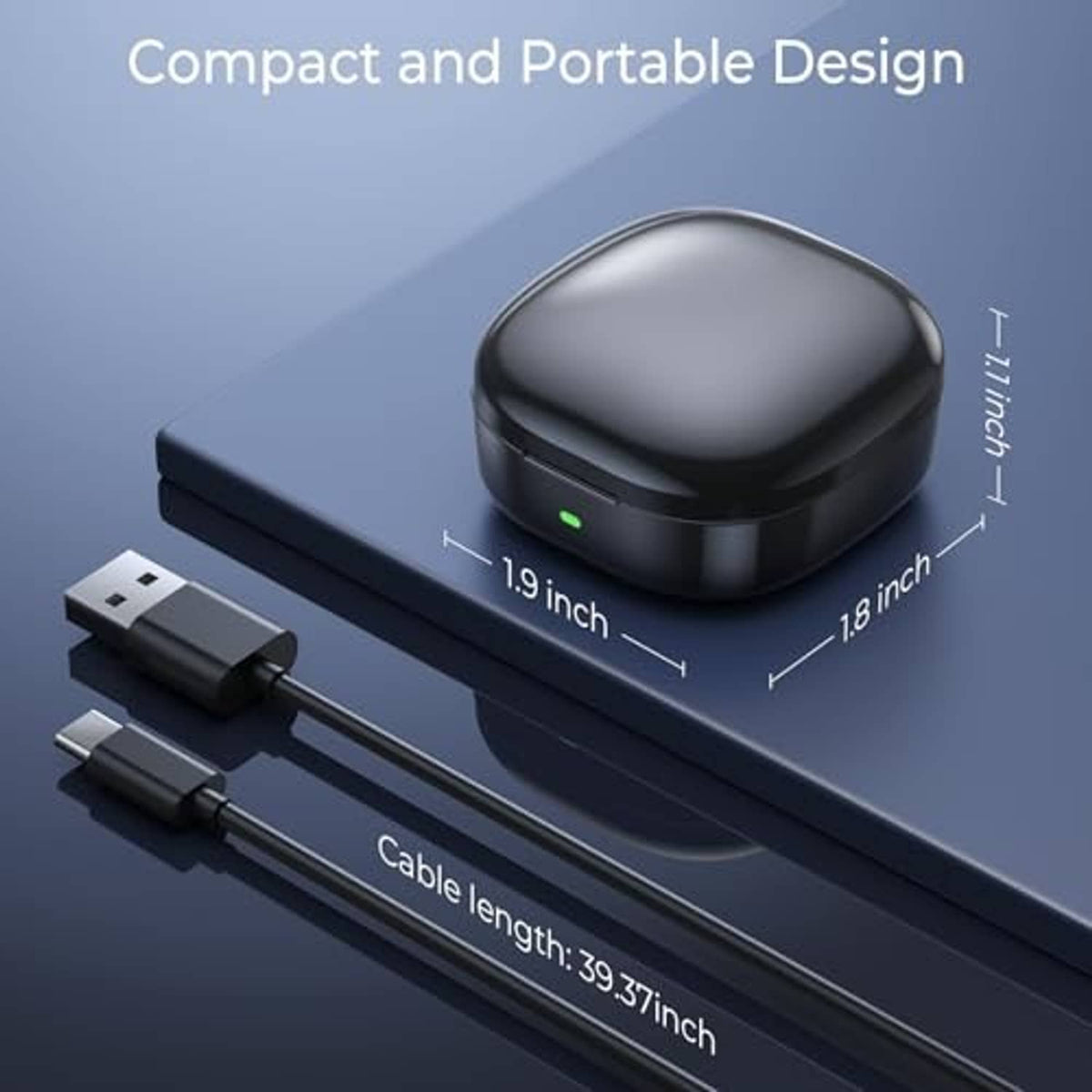 Compact black wireless charging case with hinged lid and charging cable connectors