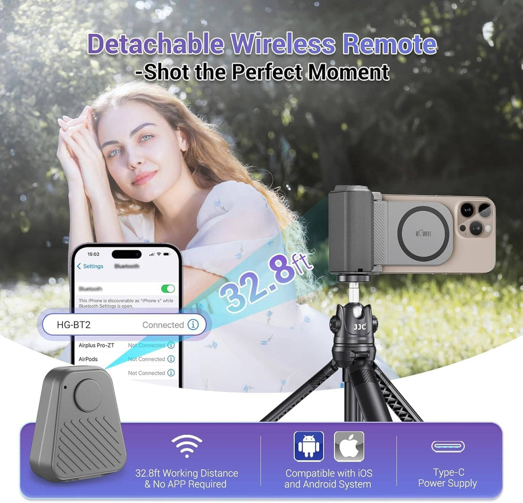 Gray magnetic phone grip with wireless remote, attached to smartphone