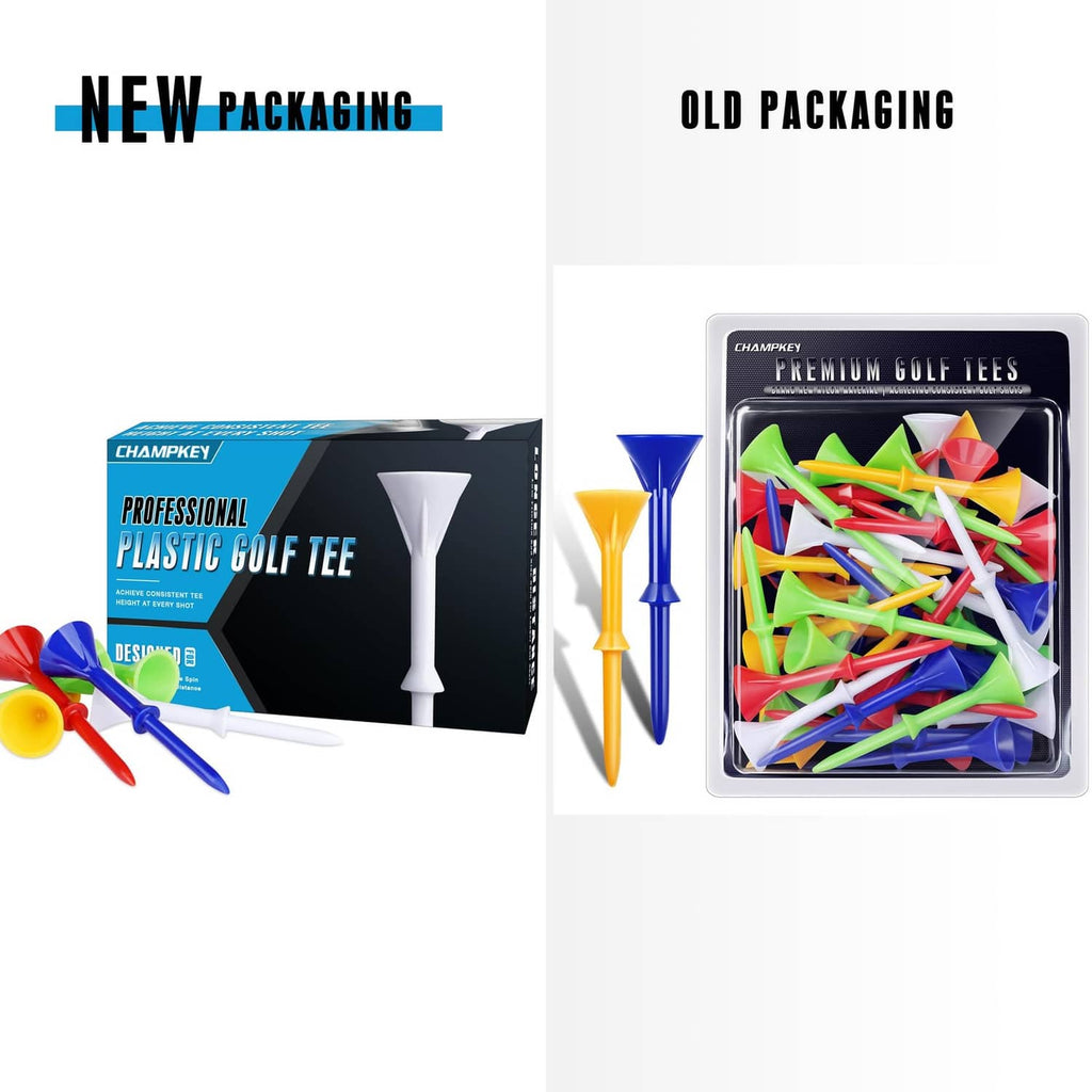 CHAMPKEY premium plastic golf tees in mixed colors, shown in packaging