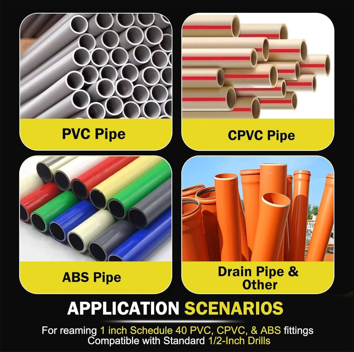 PVC, CPVC, ABS, and drain pipe samples for reamer compatibility