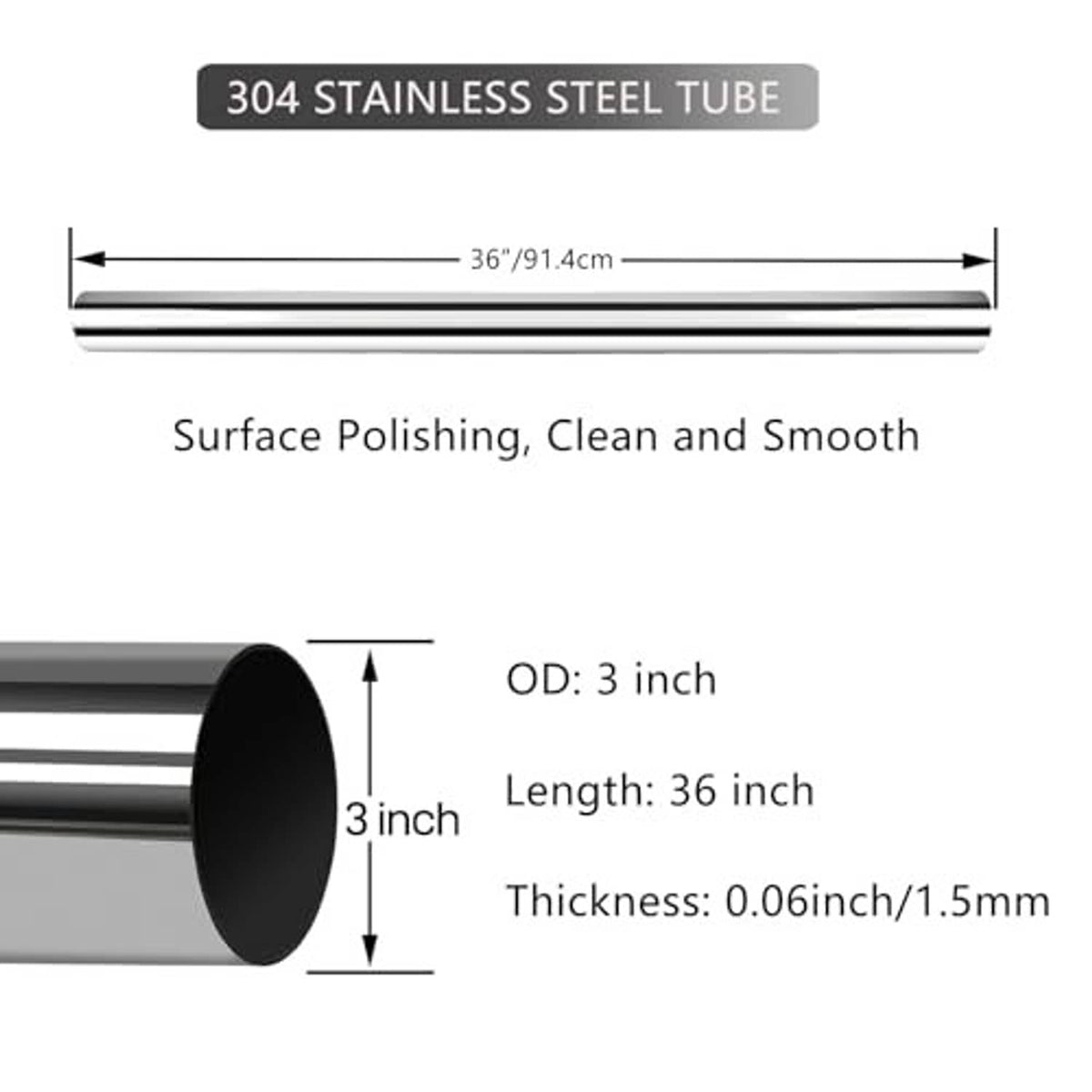 Polished 304 stainless steel tube, 3-inch OD and 36-inch length, open end view
