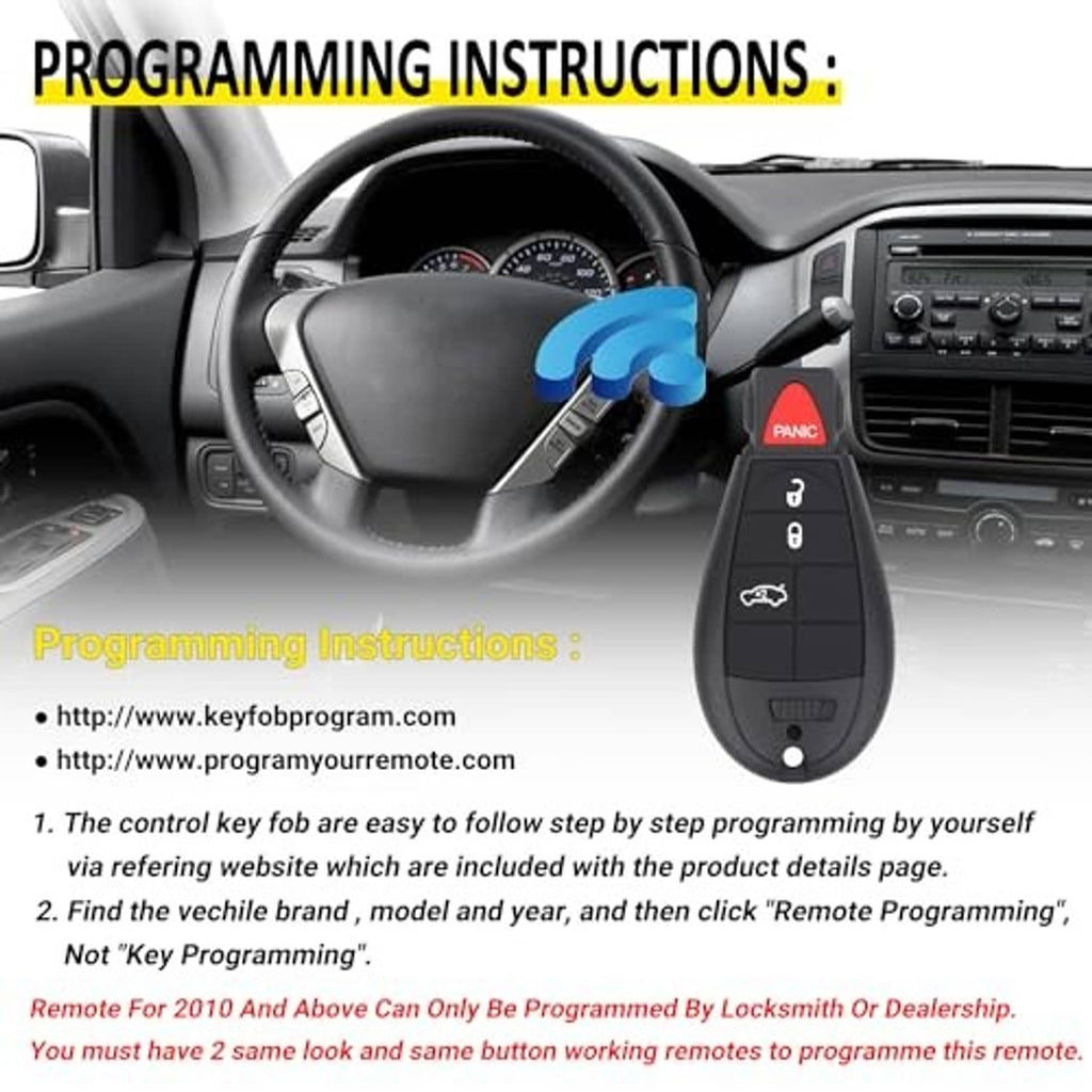 Black key fob remote shown near vehicle steering wheel, with red PANIC button