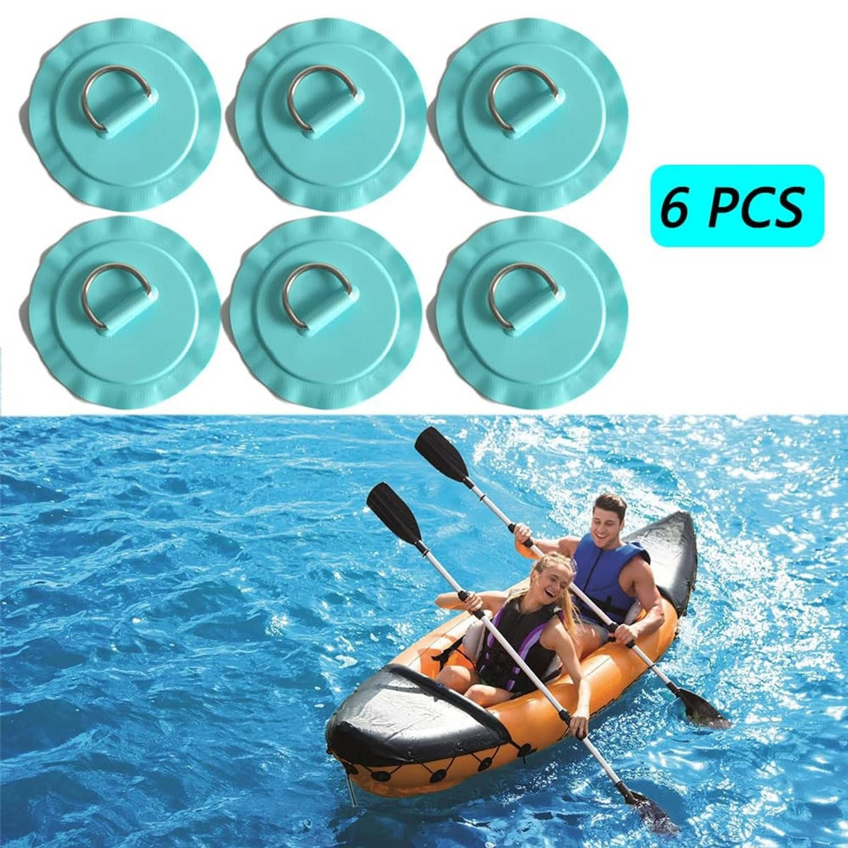 Six teal circular patches with stainless steel D-rings