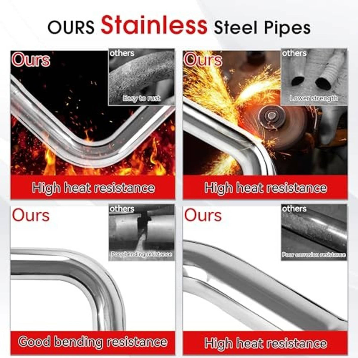 Stainless steel 90-degree exhaust bend tubing with high heat resistance comparison panels