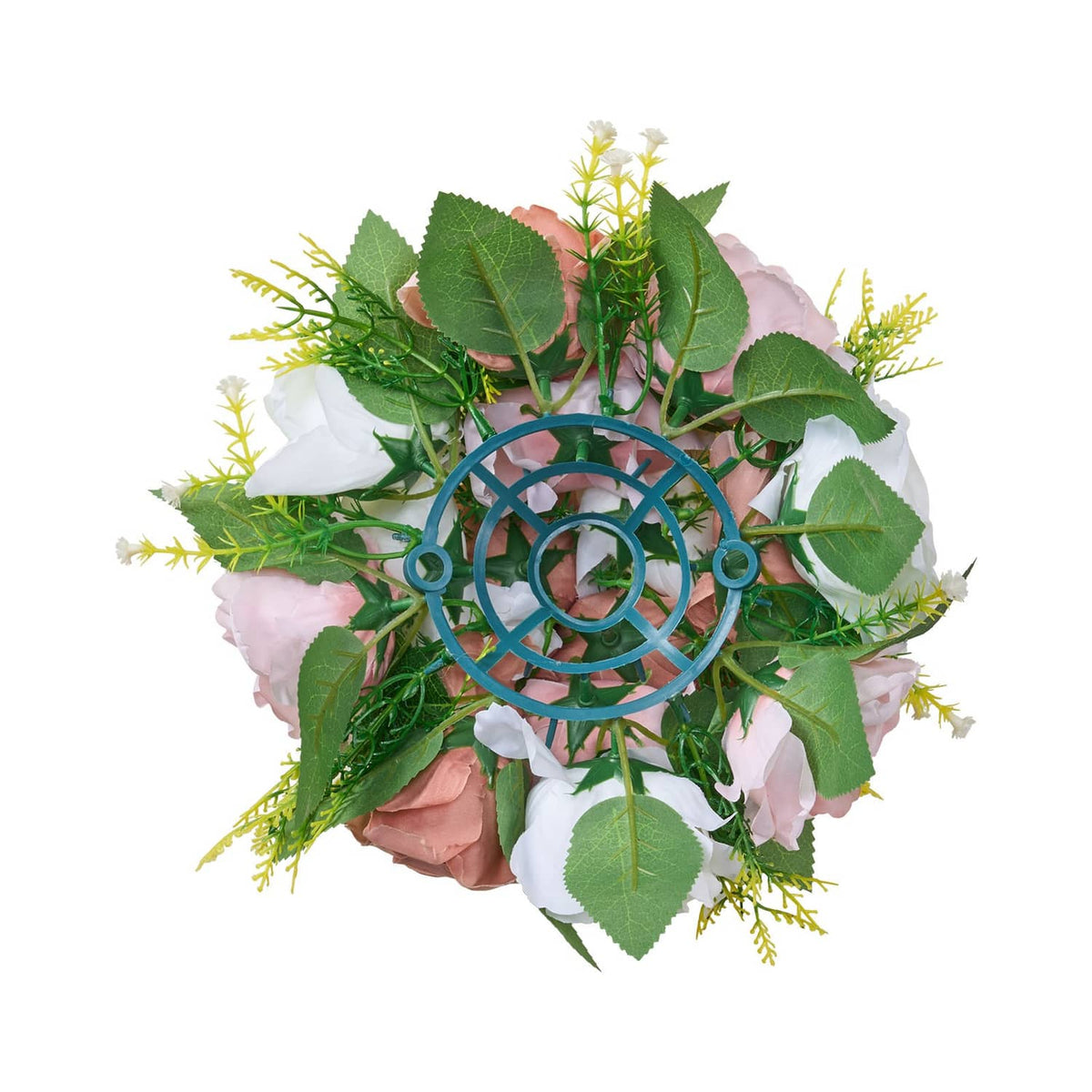 Uimoso artificial floral ball with pink and white roses and a blue circular center
