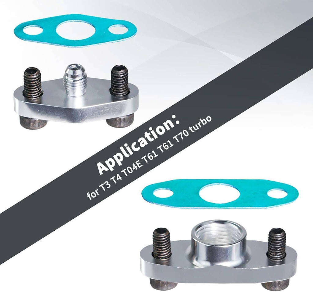 Oil feed line kit with silver flanged plate and teal gasket plus blue and threaded connectors