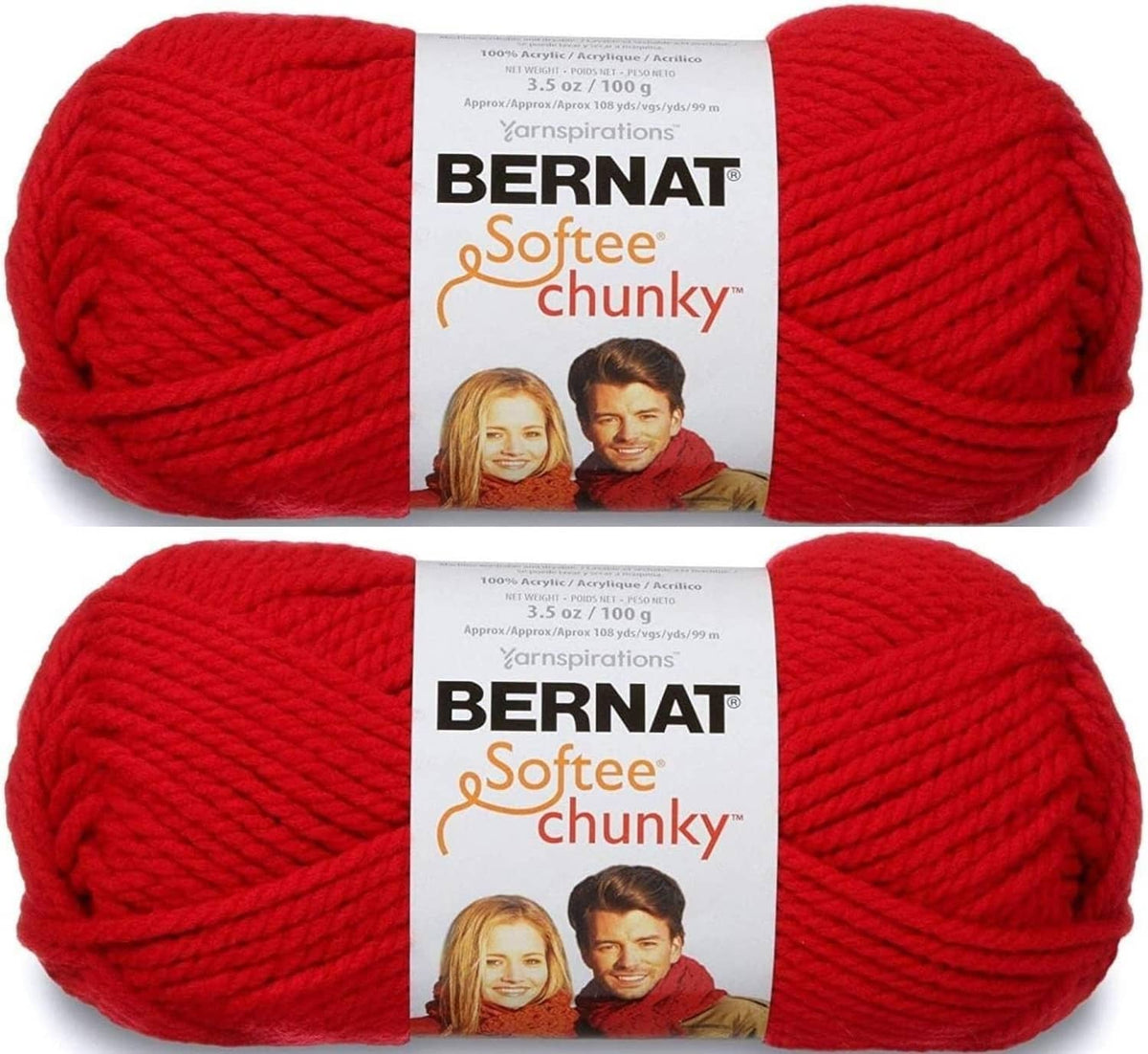 Berry red Bernat Softee Chunky yarn 2-pack, super bulky skeins for knitting & crochet