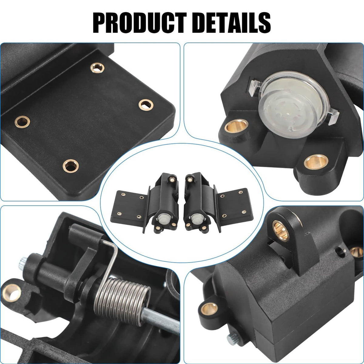 Glove box hinge set with square plates, springs, and round pivot caps