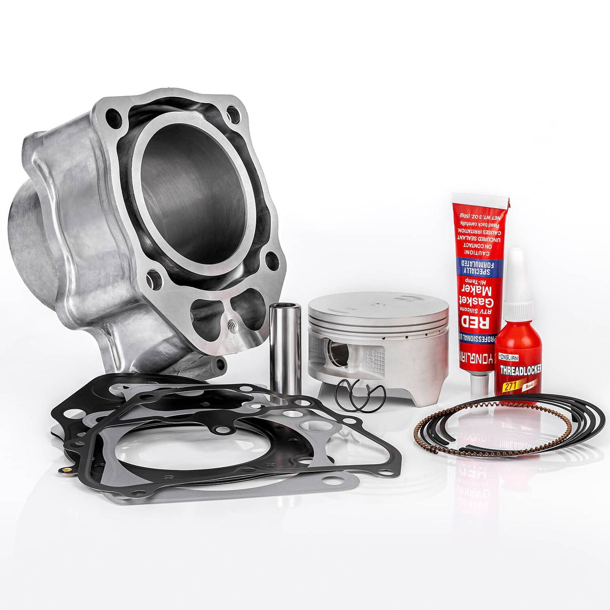 Cylinder piston top end rebuild kit with cylinder, piston, rings, gaskets, and thread sealant