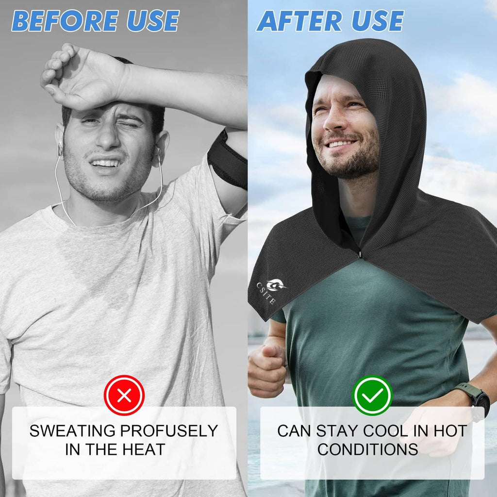 Man wearing a dark cooling hoodie towel hood, draped over shoulders