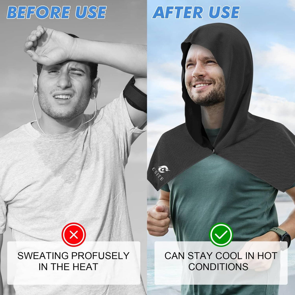 Man wearing a dark cooling hoodie towel hood, draped over shoulders