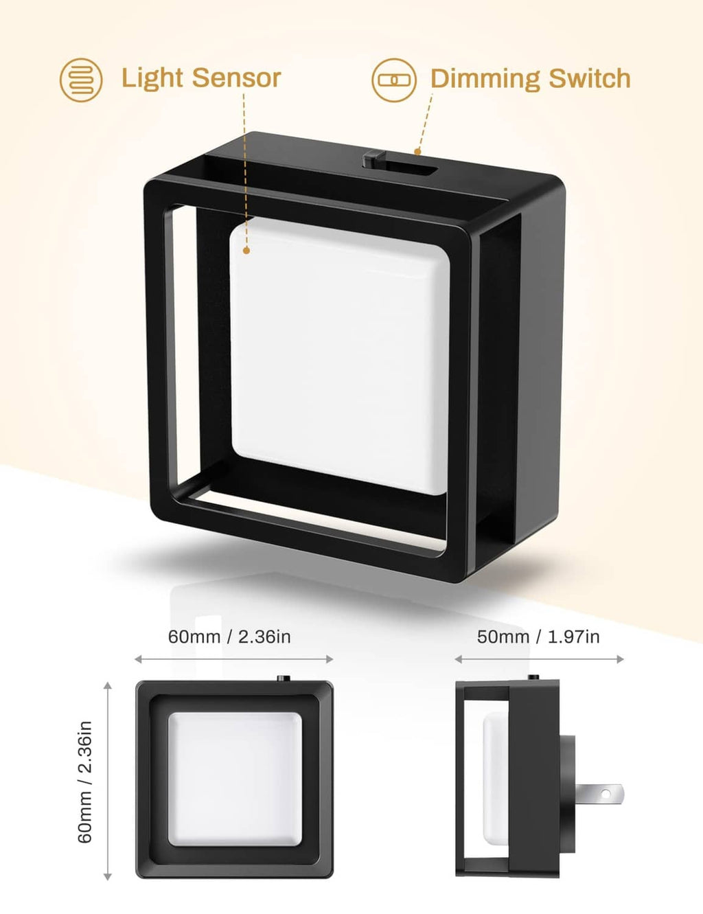Black square LED night light with wall plug and glowing front diffuser panel