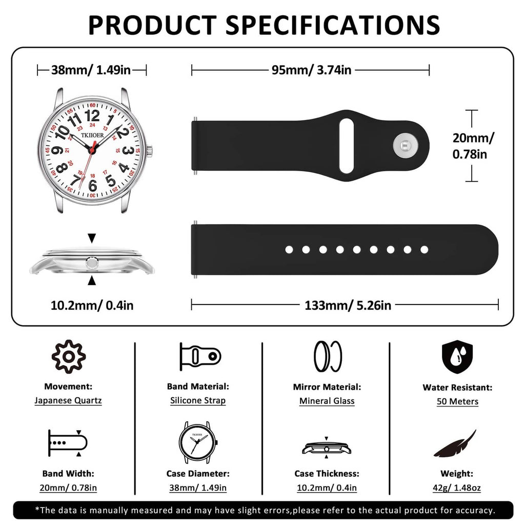 Waterproof nurse watch product specifications diagram: silver case and black silicone strap