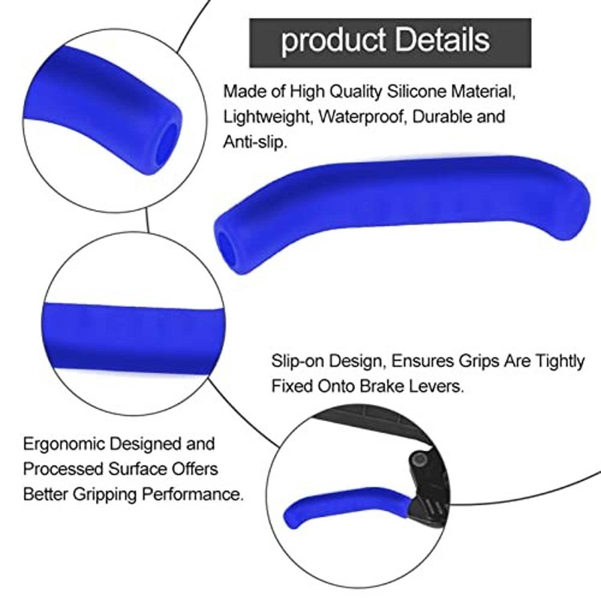 Blue silicone brake lever covers shown with close-up end openings
