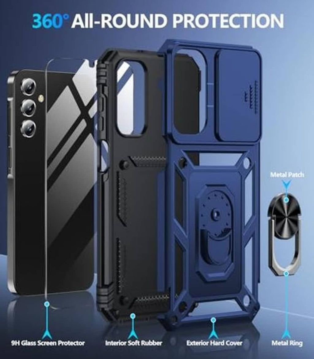 Blue rugged case with camera cutouts, textured grip, and clear screen protector