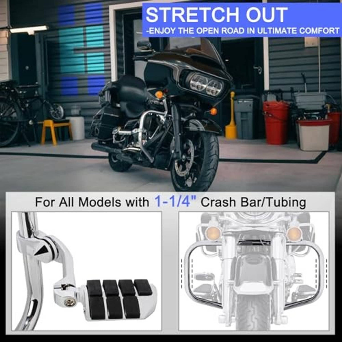 Universal chrome foot pegs with black rubber block pads and long angled mounting brackets