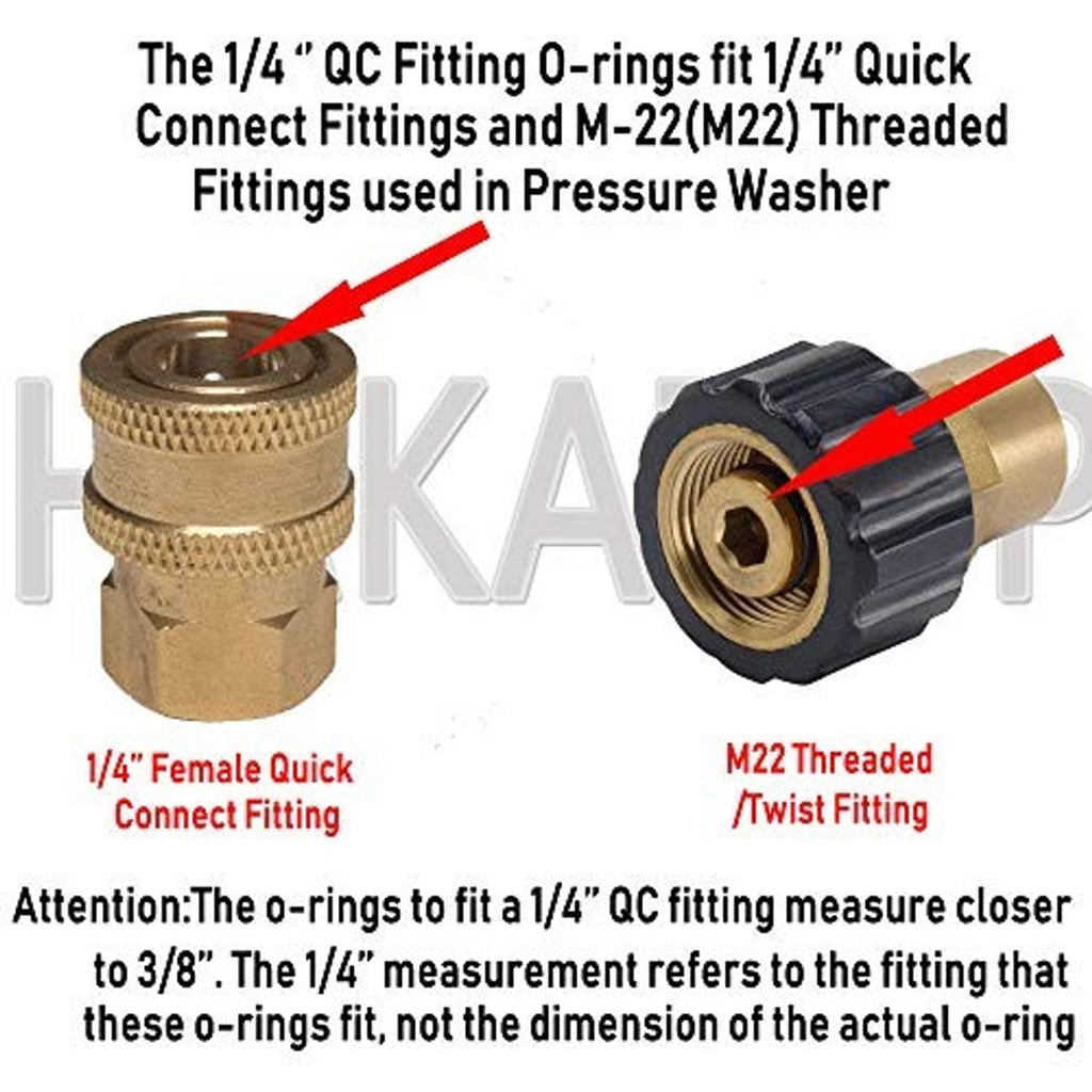 Pressure washer quick-connect fittings with orange O-ring, brass and black M22 threaded ends.