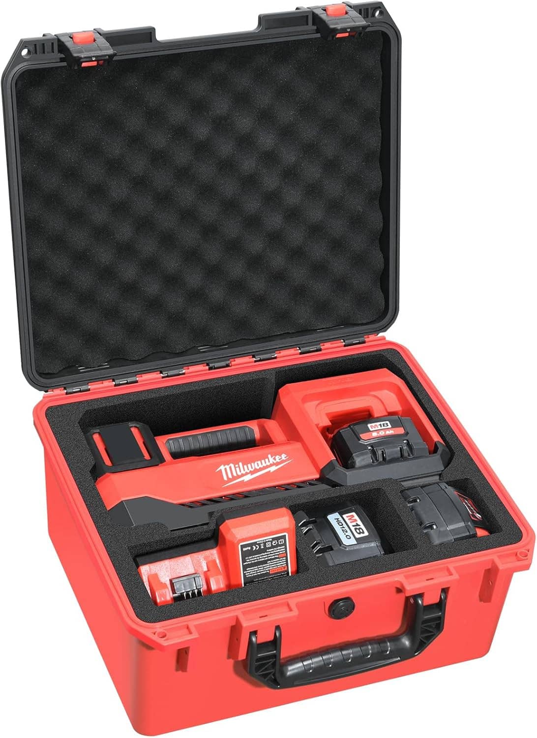 Open waterproof hard case with black lid foam insert and Milwaukee inflator tray
