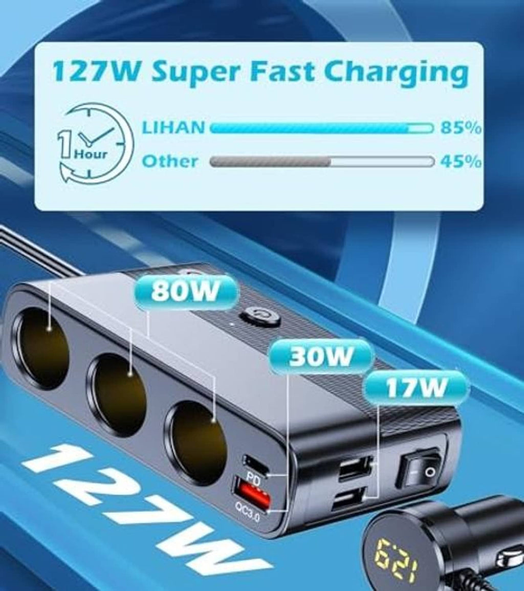 Car charging splitter showing three lighter sockets, Type-C port, and USB ports