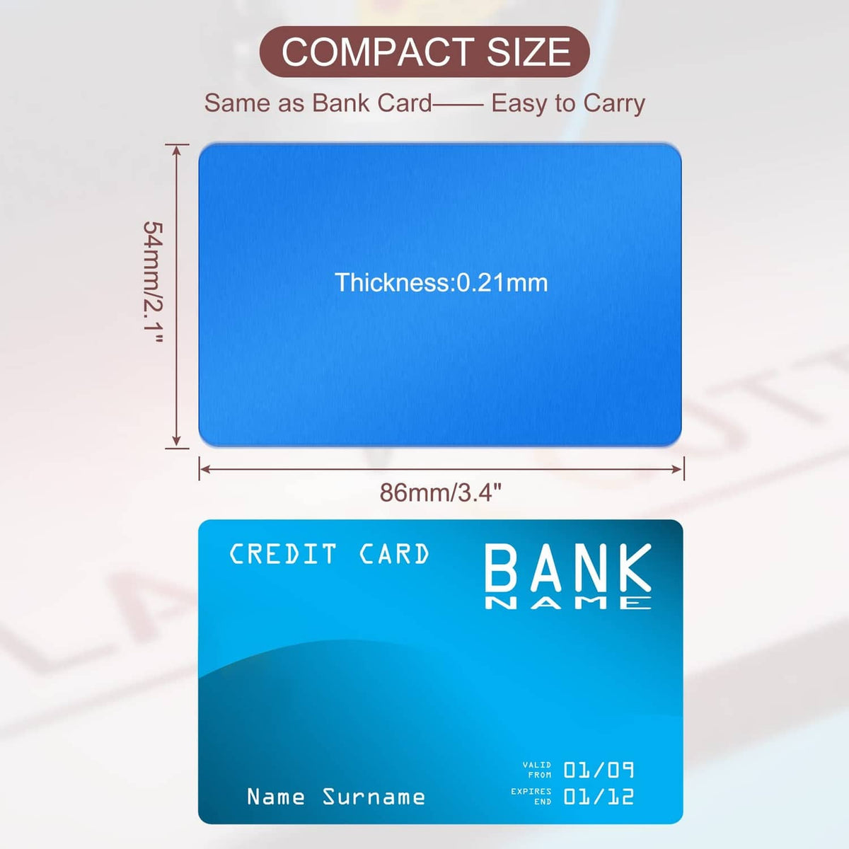 Blue metal business card with rounded corners and smooth blank front.