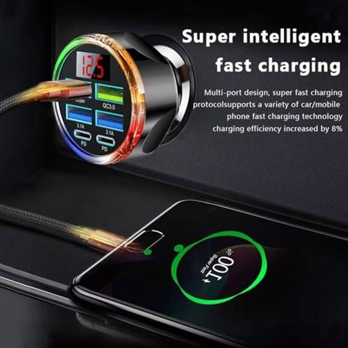 Black multi-port USB-C car charger with voltage display and indicator light