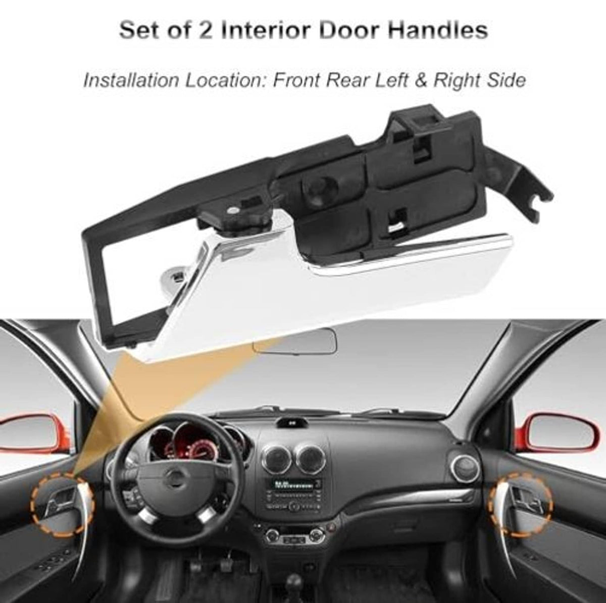 Interior door handle with chrome lever and black housing, installed on car door panel