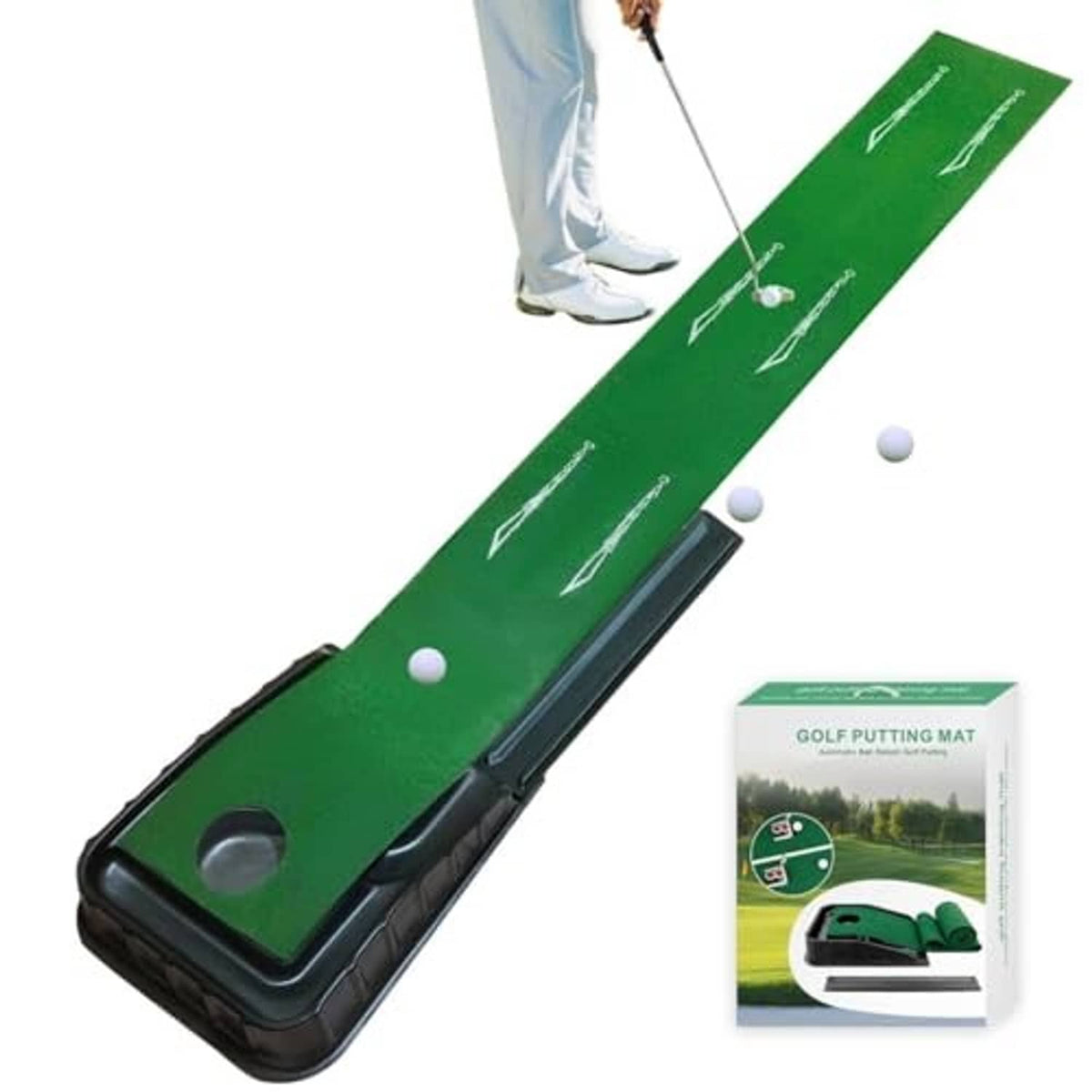 Golf putting mat set with green turf and black auto ball-return track, plus retail box